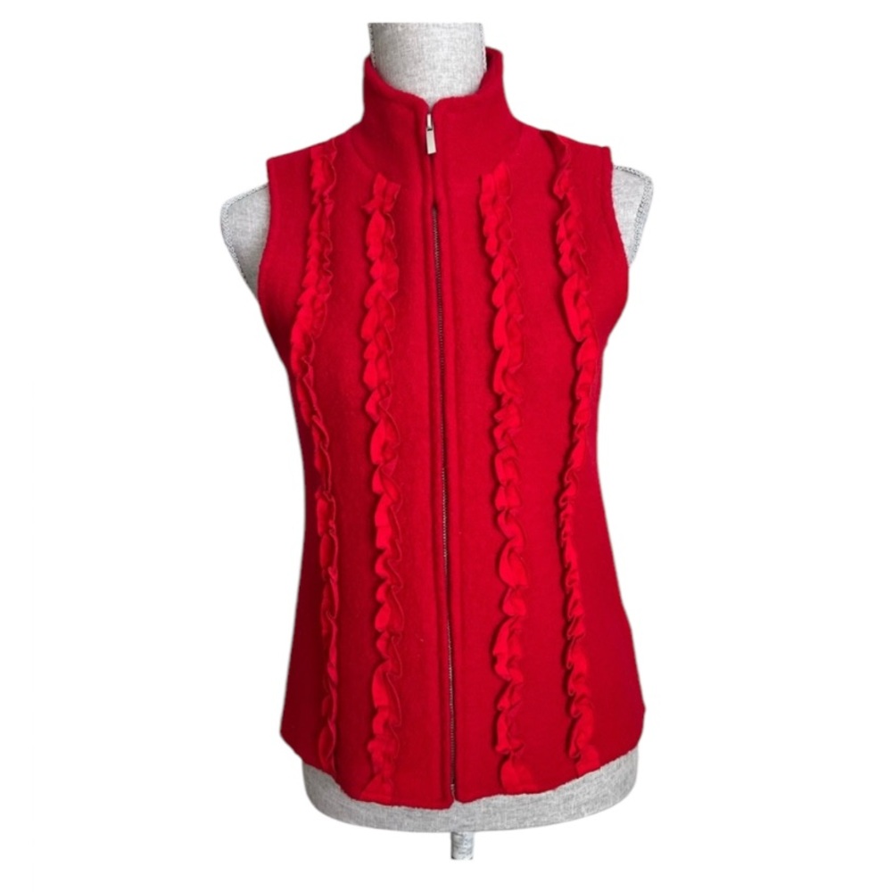 Coldwater Creek Wool Vest Ruffle Front XS Red Cozy Winter Christmas Holiday